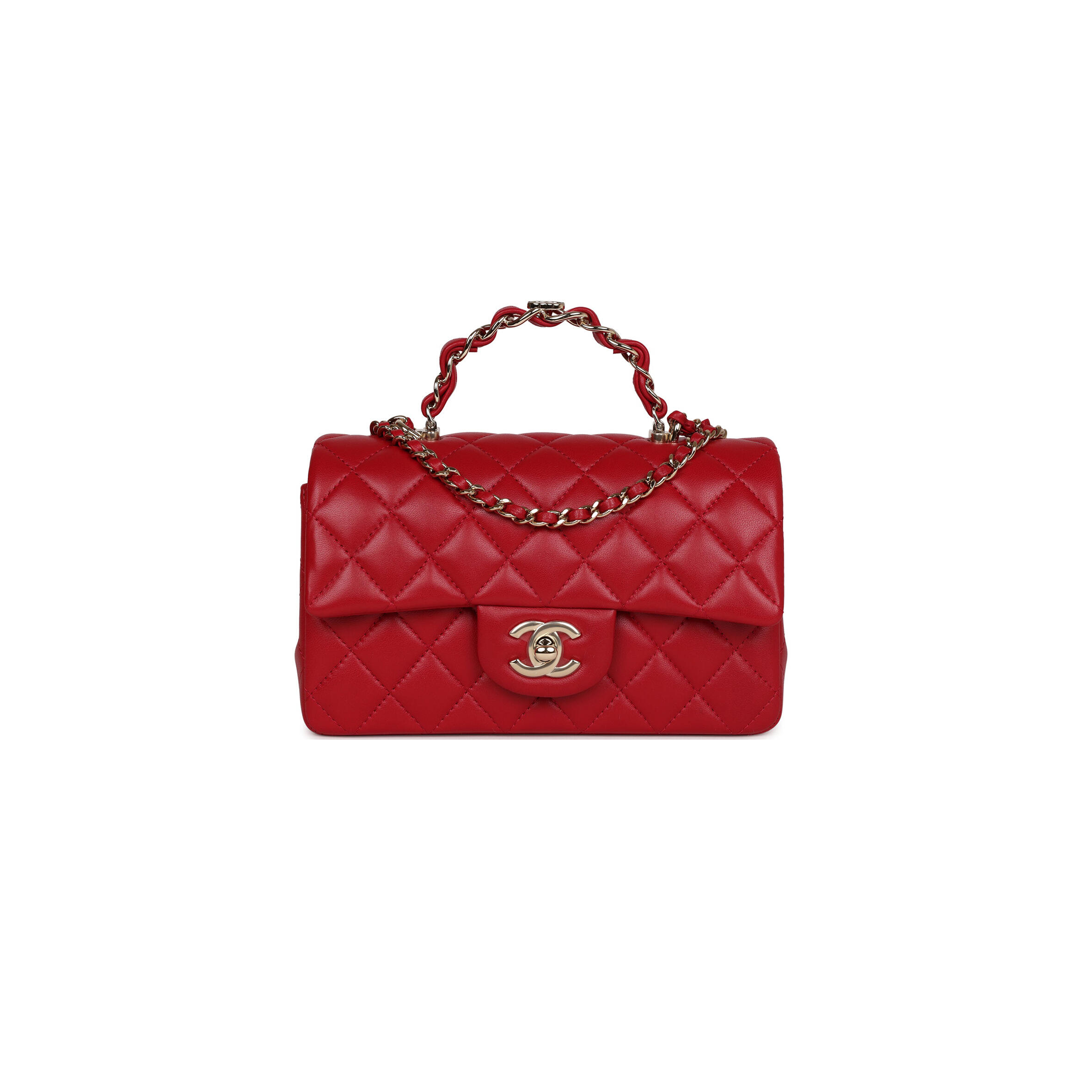 Ch**el mini rectangular flap with top handle red lambskin light gold hardware (20*12*6cm)